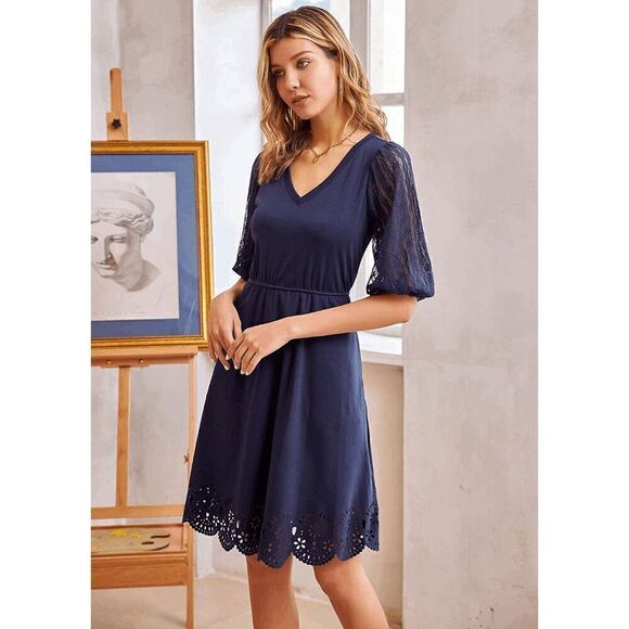 NWT Romantic Elegant Lace Lantern Sleeve A Line Cut Out Swing Skater Navy Dress - Picture 4 of 16